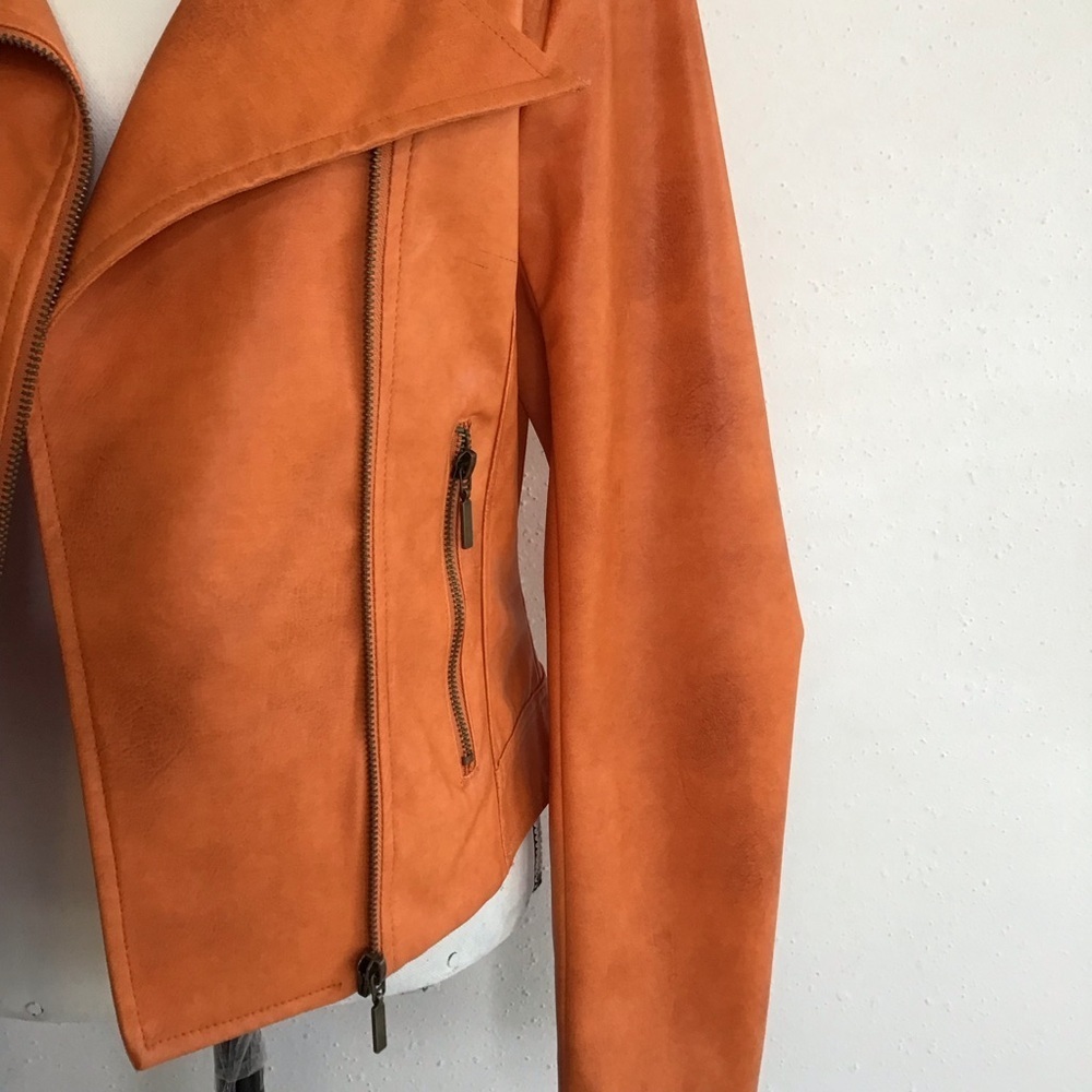 YOKI COLLECTION WOMEN ELEGANT VIBRANT ORANGE FAUX LEATHER COLLAR MOTO JACKET M - Picture 4 of 10